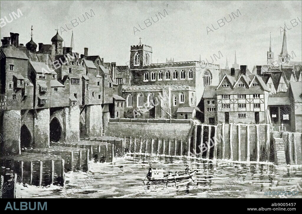 Old London Bridge, Southwark End, showing heads over Traitors Gate. From a model by John B Thorp in the London Museum. John Thorpe or Thorp (c.1565-1655) was an English architect.