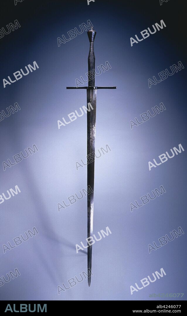 Hand-and-a-Half Sword, c. 1550. Germany, mid-16th century. Steel, blued pommel and quillions, leather grip; overall: 123.9 cm (48 3/4 in.); blade: 92.3 cm (36 5/16 in.); quillions: 24.8 cm (9 3/4 in.); grip: 30.5 cm (12 in.).