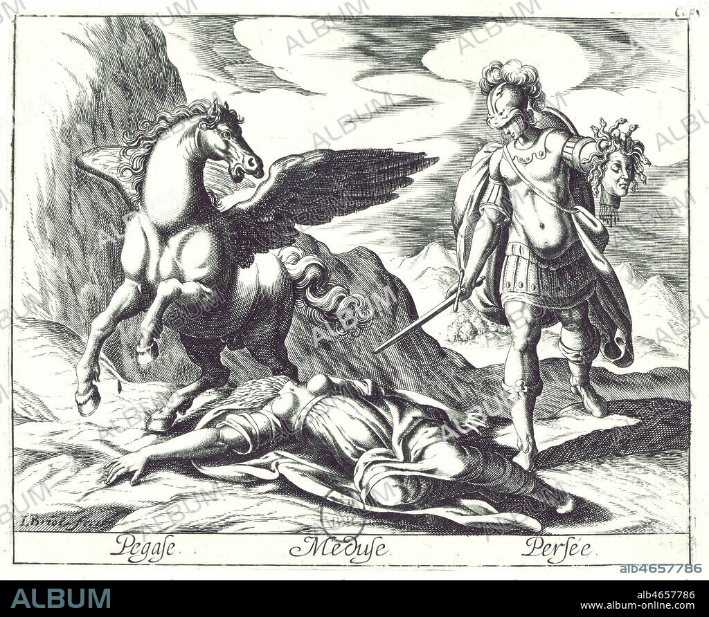 'Pegase, Meduse, Persee'. Persee, fils de Zeus et d'une mortelle, tranche le cou de la Meduse a l'aide de cadeaux des dieux : un bouclier aussi poli qu'un miroir offert par Athena et une puissante epee leguee par Hermes. A la mort de Meduse, de la perversite, Pegase jalli hors de son cou. C'est le cheval des Muses, il represente l'art et l'imagination. Gravure 18eme siecle. Credit : Collection KHARBINE-TAPABOR.