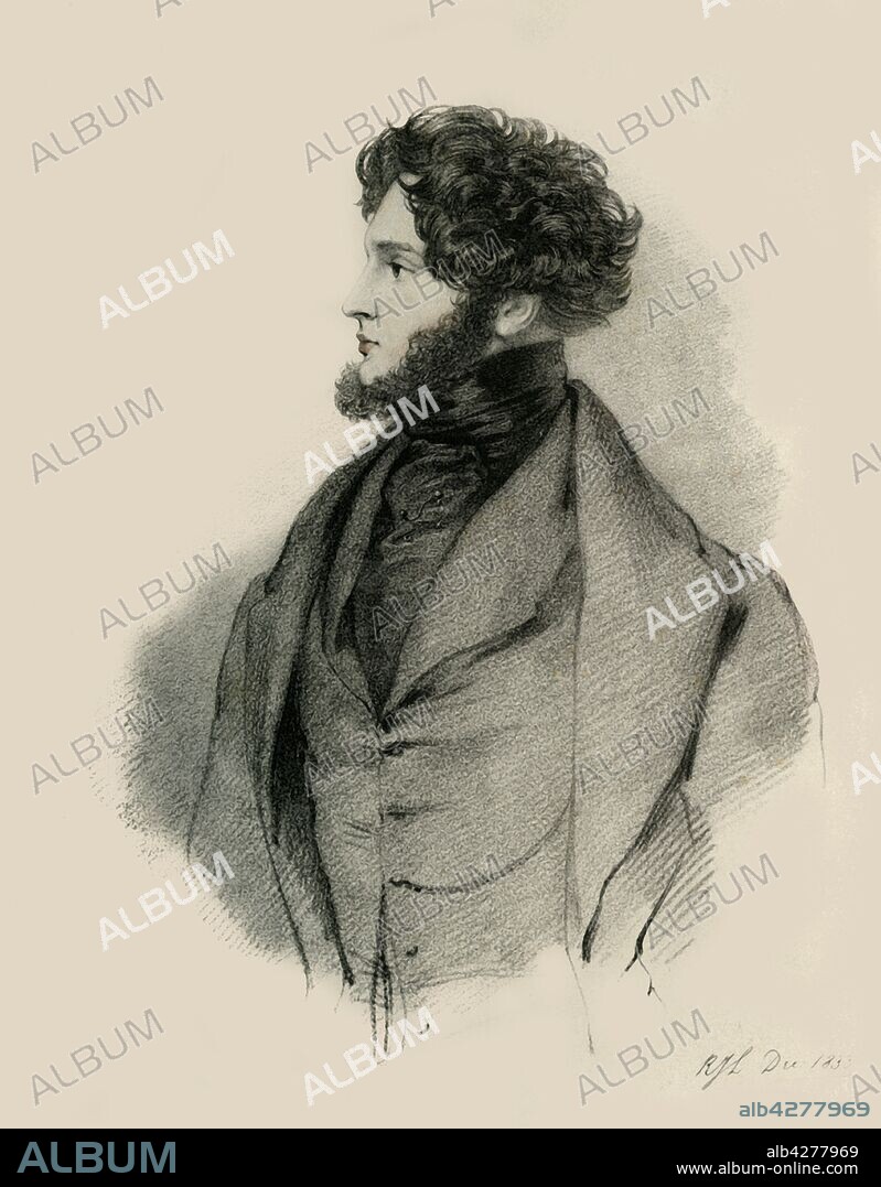 RICHARD JAMES LANE. Alfred, Count d'Orsay, 1833. Portrait of Alfred Guillaume Gabriel Grimod d'Orsay, comte d'Orsay (1801-1852), French amateur artist, dandy, and man of fashion. From "Portraits by Count D'Orsay", an album assembled by Lady Georgiana Codrington. [1850s].