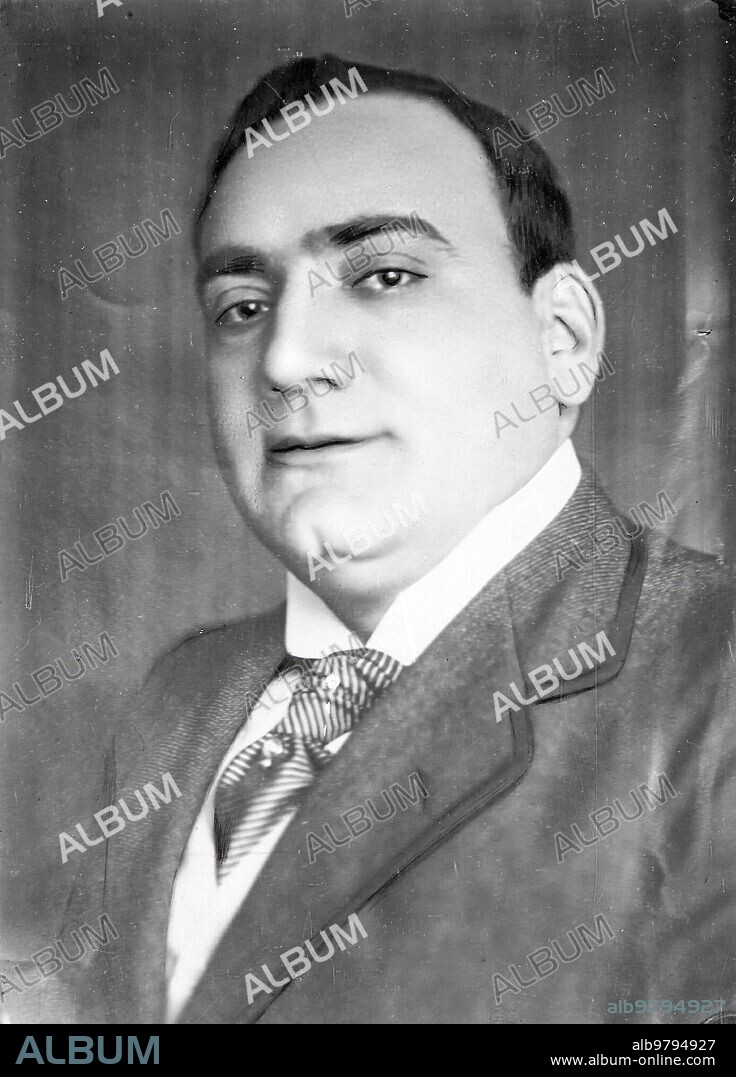 February 1912. A famous tenor. More modern portrait of the famous tenor Don Enrique Caruso, made after leaving the audience in Milan, where a young lady is suing him for breach of marriage promise, demanding 250,000 francs in compensation.