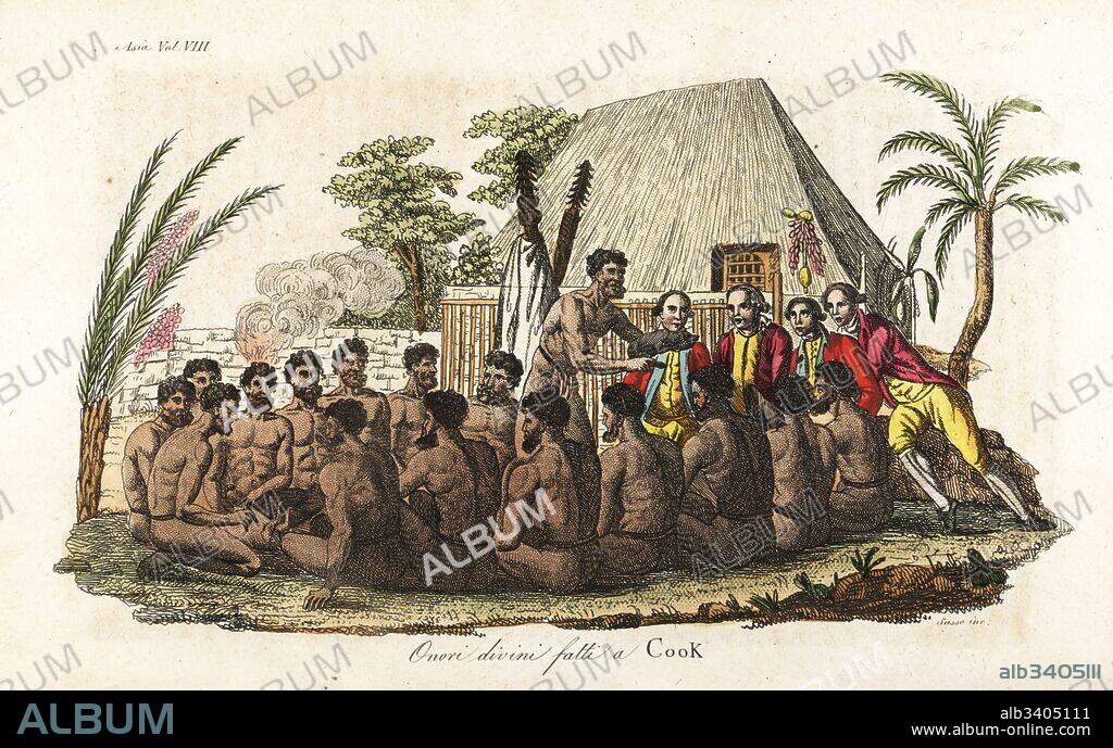 Hawaiian natives offer a sacrificial pig to Captain James Cook before 12 priests and a wooden idol in the sacred Orono house. Handcoloured copperplate engraved by Sasso after John Webber from Giulio Ferrario's Ancient and Modern Costumes of all the Peoples of the World, Florence, Italy, 1844.