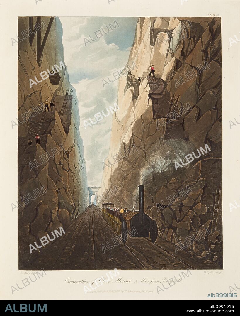 'Excavation of Olive Mount, 4 Miles from Liverpool', published 1831 (hand coloured engraving). From 'Six Coloured Views on the Liverpool and Manchester Railway with a plate of The Coaches, Machines, etc' by Thomas Talbory Bury, published 1831.