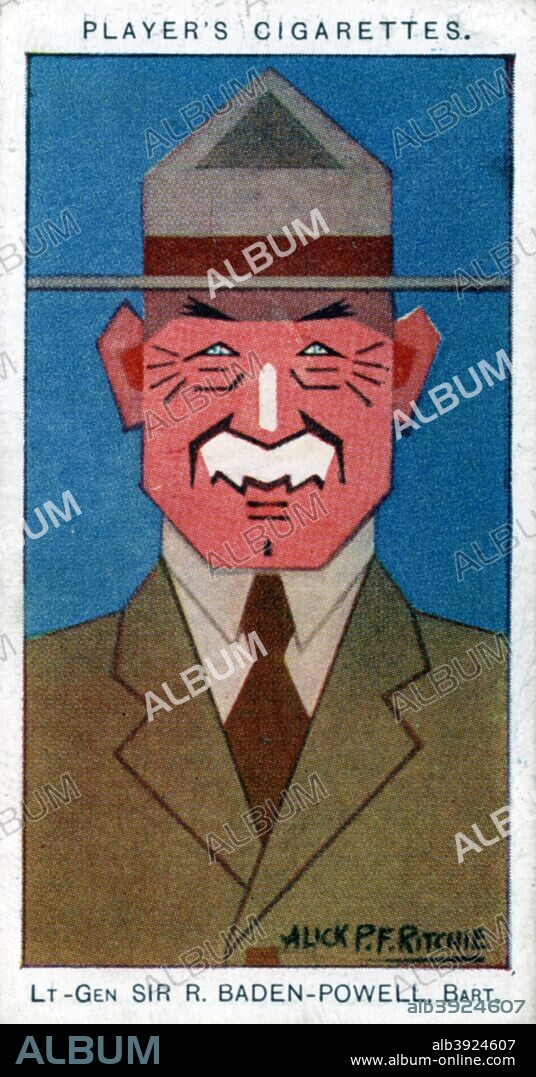 Robert Baden-Powell, 1st Baron Baden-Powell, 1926. Lieutenant-General Baden-Powell (1857-1941) founded the Boy Scout movement. Cigarette card with straight-line caricature, issued by John Player & Sons.