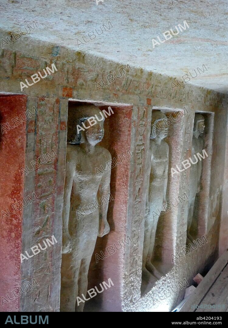 niche containing a high-relief statue of Idu. From the Tomb of Idu. in the Giza Necropolis. Cairo. Egypt. G7102 or Idu's Mastaba lies to the east of Queen Hetepheres pyramid in the Great Pyramid complex. He was an official of the sixth dynasty. probably during the reign of Pepi I. He held the titles "Scribe of the Royal Documents". Pepi I Meryre (reigned 2332 – 2287 BC) as the third king of the Sixth dynasty of Egypt.