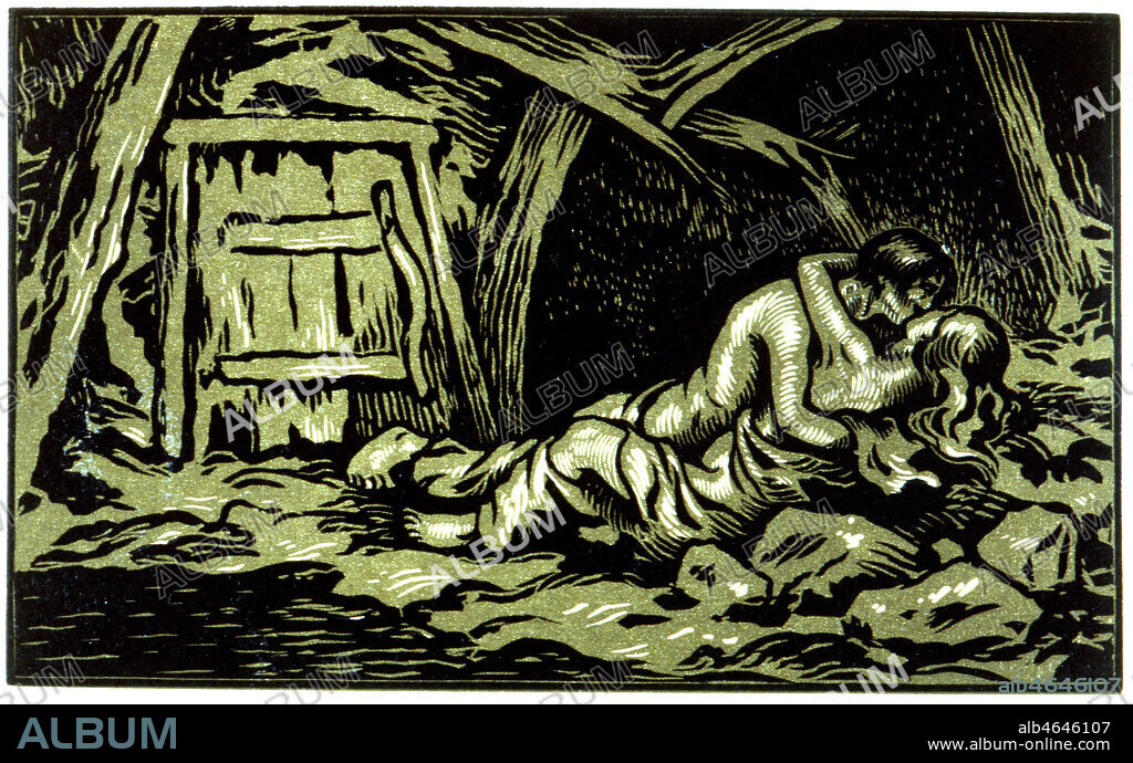 Germinal d'Emile ZOLA (1840-1902) par Paul-Emile COLIN (1867-1949) (ADAGP) en 1912: 'Seul dans la nuit' (scene d'amour entre Etienne Lantier et Catherine Maheu dans la mine avant de mourir'. Credit: Coll.BHVP-Grob/Kharbine-Tapabor.