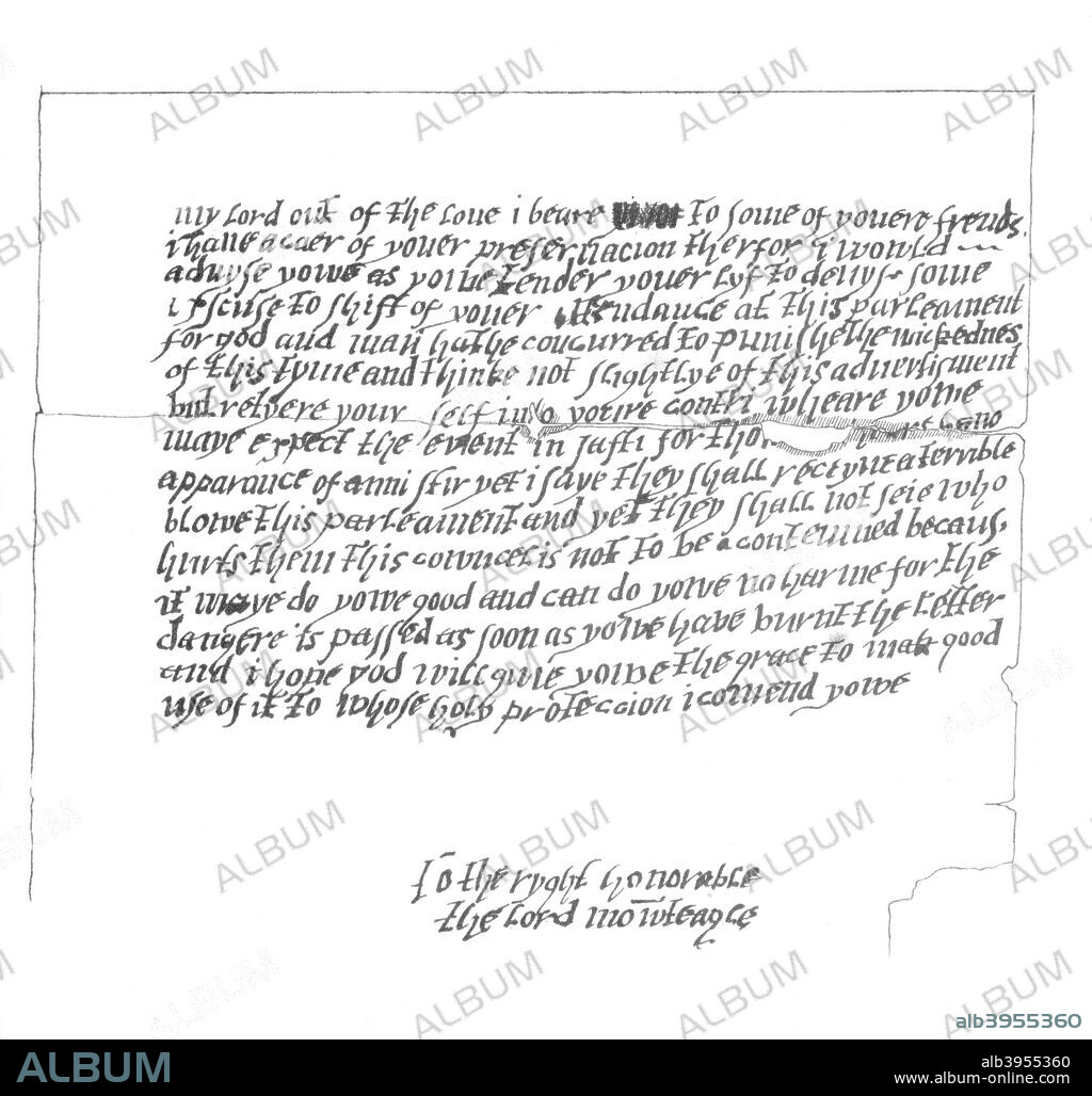 Letter to Lord Monteagle which led to the discovery of The Gunpowder Plot, 1605 (1865). (From the original in Her Majesty's Public Record Office.) A print from The Autograph Souvenir, A collection of Autograph Letters, Interesting Documents, &c, Executed in Facsimile, by Frederick George Netherclift, by Richard Sims, 1st Series, FG Netherclift, London, 1865.
