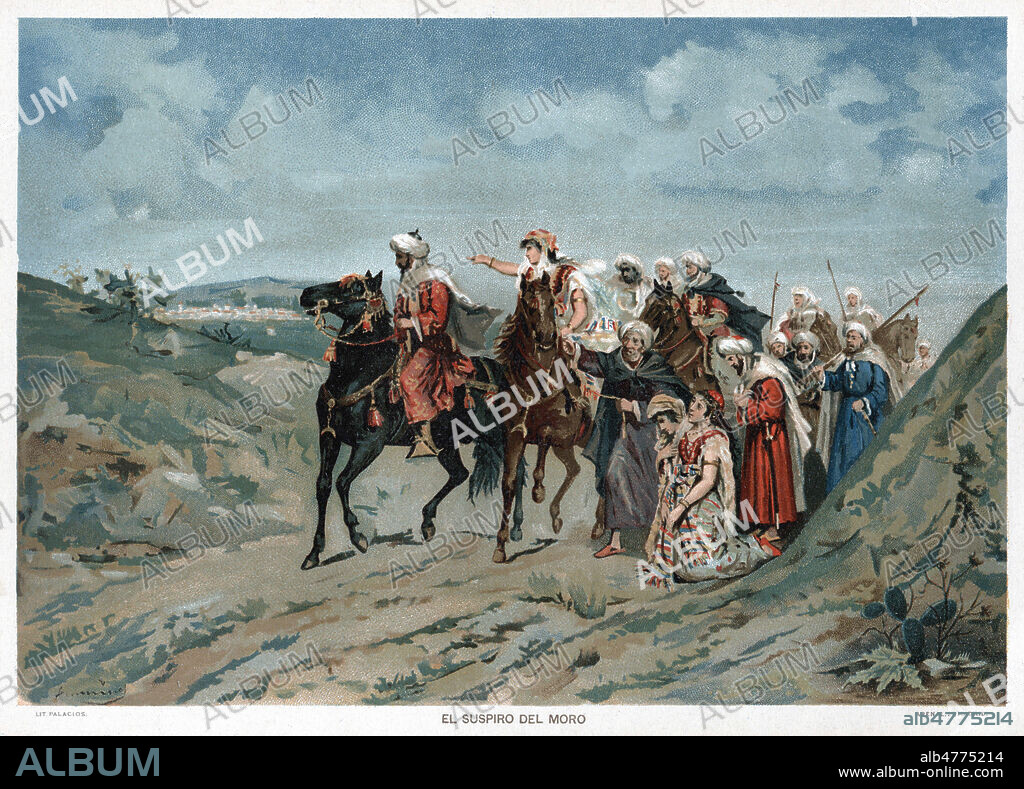 Le soupir du Maure. Le sultan BOADBIL (1459-1532) se retourne sur Grenade la ville qu'il a perdue. D'apres CHATEAUBRIANT, sa mere lui reproche 'Pleure maintenant comme une femme le royaume que tu n'as pas su defendre comme un homme'. Illustration de Juan ALAMINOS (19 s.) pour Historia des Espana vers 1885. Credit : Coll. Jonas/Kharbine-Tapabor.