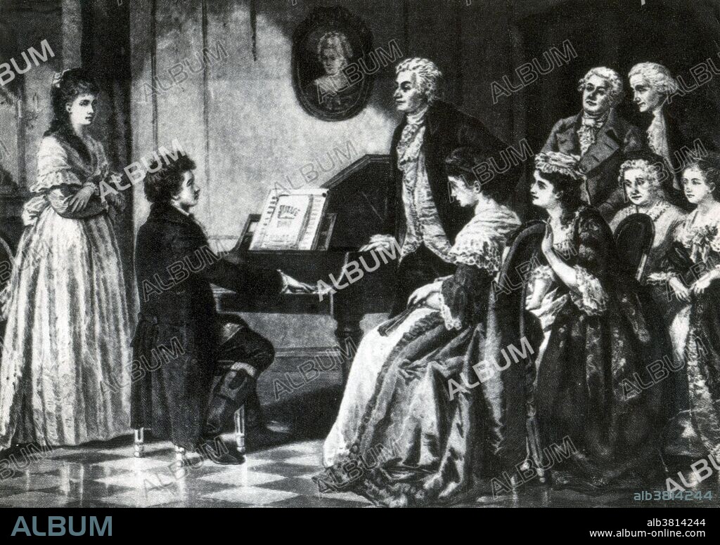 17 year old Beethoven playing for Mozart. Ludwig van Beethoven (baptized December 17, 1770 - March 26, 1827) was a German composer and pianist. A crucial figure in the transition between the Classical and Romantic eras in Western art music, he remains one of the most famous and influential of all composers. In about 1800 his hearing began to deteriorate, and by the last decade of his life he was almost totally deaf. He gave up conducting and performing in public but continued to compose. He died in 1827 at the age of 56 during a thunderstorm. Wolfgang Amadeus Mozart (January 27, 1756 - December 5, 1791) was a prolific and influential composer of the Classical era. He composed over 600 works, many acknowledged as pinnacles of symphonic, concertante, chamber, operatic, and choral music. He is among the most enduringly popular of classical composers. During his final years, he composed many of his best-known symphonies, concertos, and operas, and portions of the Requiem. The circumstances of his early death, at the age of 35, have been much mythologized.