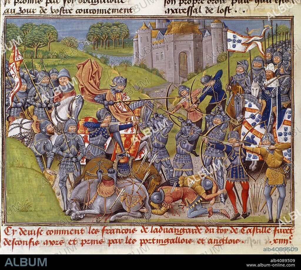 JEAN DE WAVRIN and SEIGNEUR DE FORESTEL. The Portuguese and English defeat the French vanguard of the King of Castille. Chronique d' Angleterre (Volume III). S. Netherlands (Bruges), late 15th century. Source: Royal 14 E. IV, f.201v. Language: French.