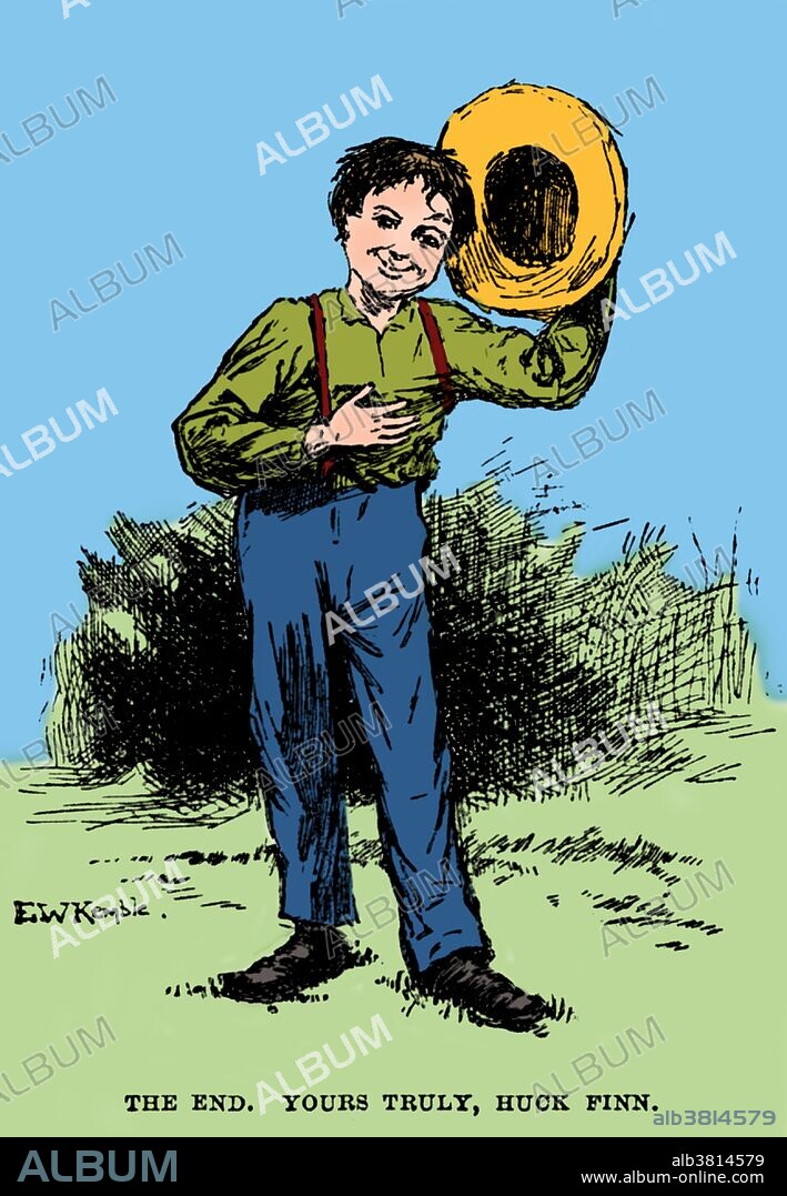 Illustration of Huckleberry Finn standing and holding hat, entitled: "The end. Yours truly, Huck Finn" by Edward Windsor Kemble, 1884. Adventures of Huckleberry Finn is a novel by Mark Twain, first published in the United Kingdom in December 1884 and in the United States in February 1885. Commonly named among the Great American Novels, the work is among the first in major American literature to be written throughout in vernacular English, characterized by local color regionalism. It is told in the first person by Huckleberry "Huck" Finn, a friend of Tom Sawyer. The book is noted for its colorful description of people and places along the Mississippi River. Perennially popular with readers, Adventures of Huckleberry Finn has also been the continued object of study by literary critics since its publication. It was criticized upon release because of its coarse language and became even more controversial in the 20th century because of its perceived use of racial stereotypes and because of its frequent use of racial slurs, despite strong arguments that the protagonist, and the tenor of the book, is anti-racist.