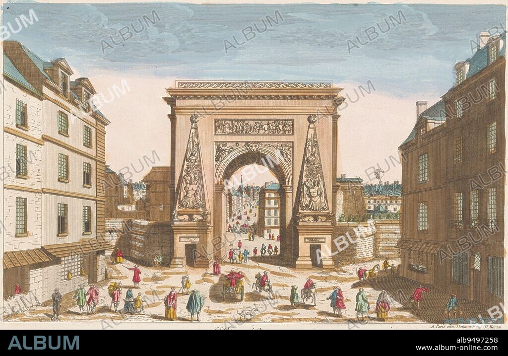 View of the Porte Saint-Denis in Paris, Jean-François Daumont, 1745 - 1775, Numbered in the title: 68., publisher: Jean-François Daumont, (mentioned on object), print maker: anonymous, publisher: Paris, print maker: France, 1745 - 1775, paper, etching, brush, h 298 mm × w 430 mm.
