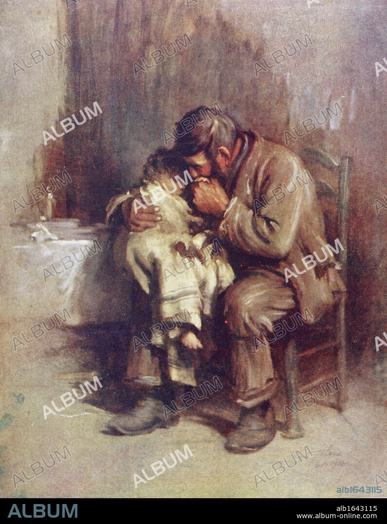 Motherless. A widowed father comforts his motherless child. After a painting by Sir Luke Fildes. From King Albert´s Book, published 1915.