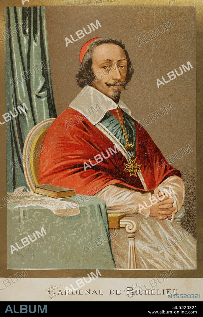 Cardinal de Richelieu (Armand Jean du Plessis) (1585-1642). French clergyman and statesman. Chief minister to King Louis XIII. Portrait. Chromolithography. Historia Universal, by César Cantú. Volume VIII. Published in Barcelona, 1886.