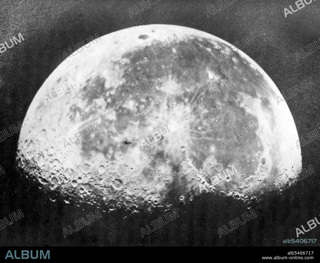 The moon: her motions, aspect, scenery, and physical condition by Richard A. Proctor with three lunar photographs (1865-70) by Lewis Rutherfurd, 1873. Lewis Morris Rutherfurd (November 25, 1816 - May 30, 1892) was an American lawyer, and astronomer, who performed pioneering work in spectral analysis, and experimented with celestial photography. He invented instruments for his studies, including the micrometer for measuring photographs, and the first telescope designed specifically for astrophotography. Rutherfurd produced a quality collection of photographs of the Sun, Moon, and planets, as well as star clusters and stars down to the fifth magnitude. (cropped and cleaned).