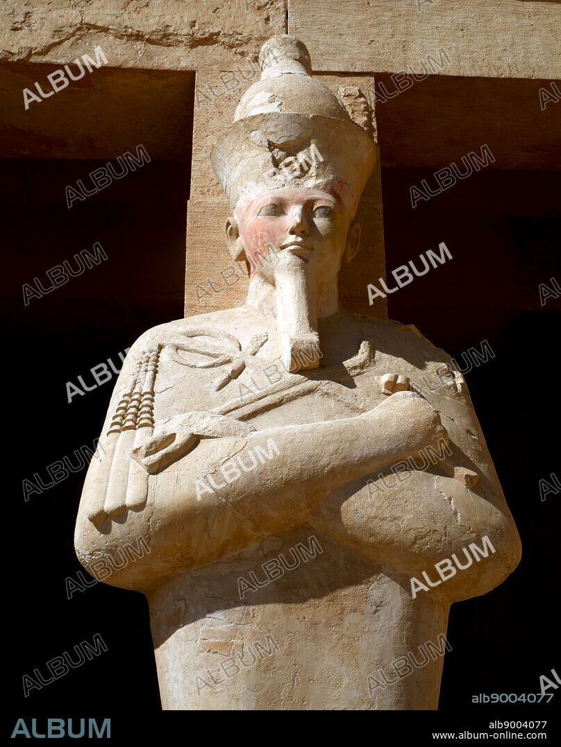 Statue of Queen Hatshepsut at Deir el-Bahari, mortuary temple and tomb, near Luxor, Egypt. During the Eighteenth dynasty, The Mortuary Temple of Hatshepsut was designed by Senenmut, royal steward and architect of Hatshepsut. It was constructed during the 15th century BC, During the Eighteenth dynasty.
