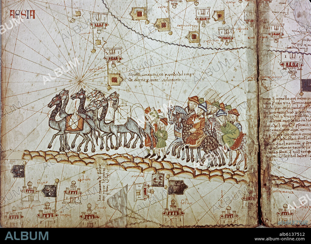 ABRAHAM CRESQUES (1325-1387). CARAVANA ORIENTAL DE CAMELLOS Y CAMELLEROS-ATLAS CATALAN-SIGLO XIV.