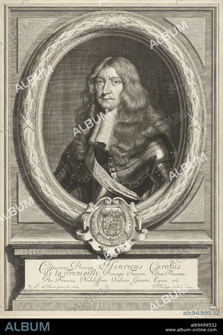 Portrait of Henry Charles de la Trémouille, Duke of Trémouille and Thoars, Prince of Tarente. He wears armor. On the frame his coat of arms with his motto in Latin, Portrait of Henry Charles de la Trémouille., print maker: Pieter Philippe, (mentioned on object), after: Jan de Baen, (mentioned on object), The Hague, 1664, paper, engraving, h 400 mm × w 285 mm.