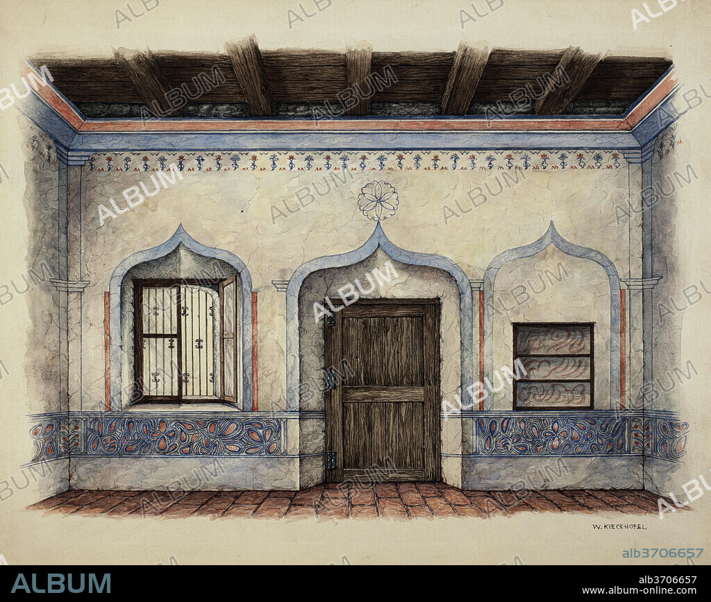 WILLIAM KIECKHOFEL. Wall Painting (Door). Dated: c. 1939. Dimensions: overall: 29.7 x 36.9 cm (11 11/16 x 14 1/2 in.)  Original IAD Object: none given. Medium: watercolor, colored pencil, and graphite on paperboard.