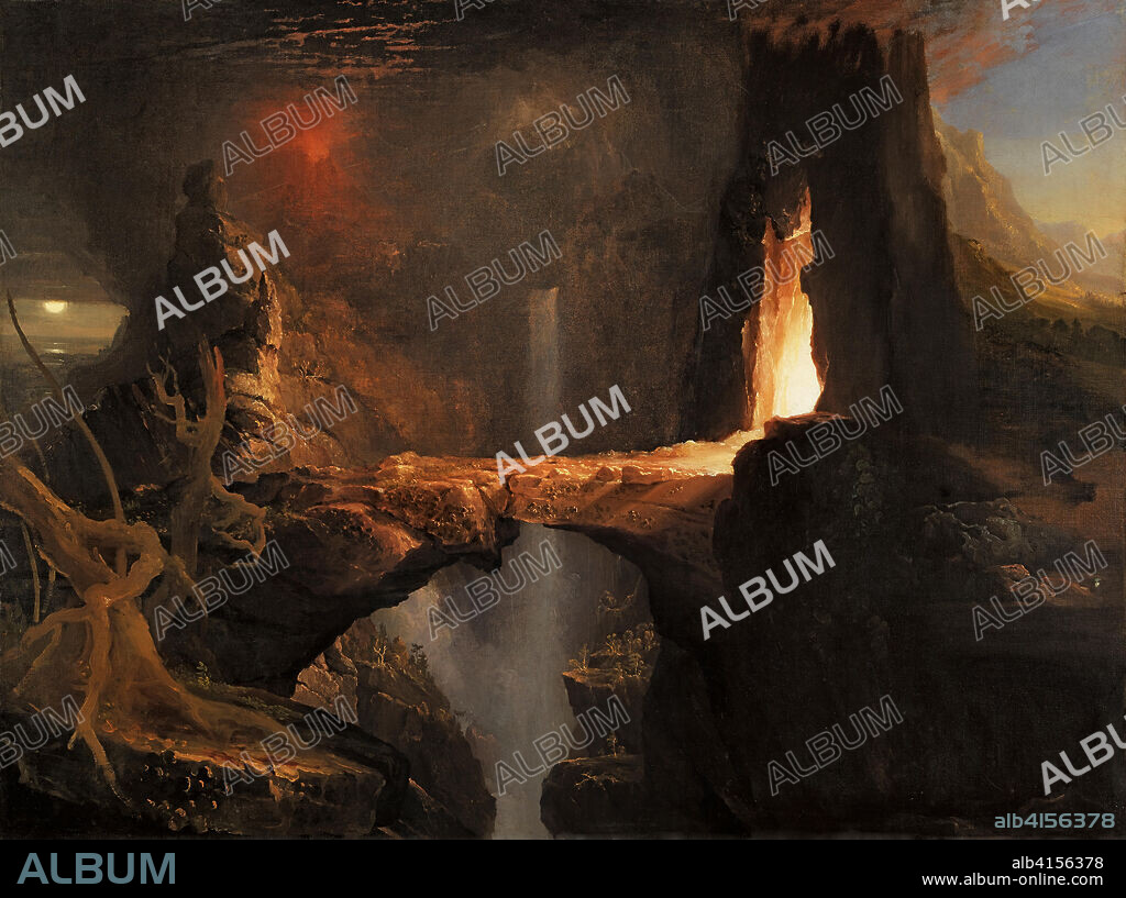 Thomas Cole (Boulton-le-Moors, 1801-Catskill, 1848). Expulsión. Luna y luz de fuego (hacia 1828). Óleo sobre lienzo. 91,4 x 122 cm.