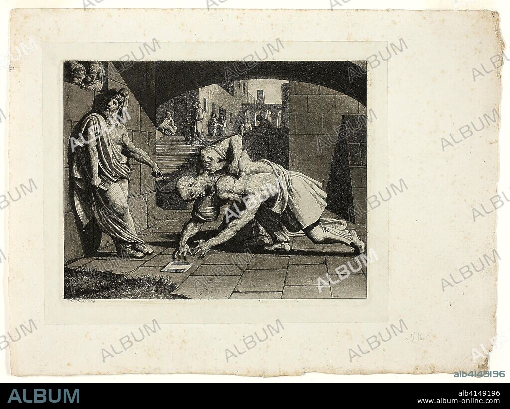 The Two Bald Men Fighting Over a Comb. Carl Russ; Austrian, 1779-1843. Date: 1809. Dimensions: 160 × 208 mm (plate); 183 × 225 mm (primary support); 238 × 321 mm (secondary support). Etching and aquatint in black on cream wove paper, laid down on ivory laid paper (chine collé). Origin: Austria.