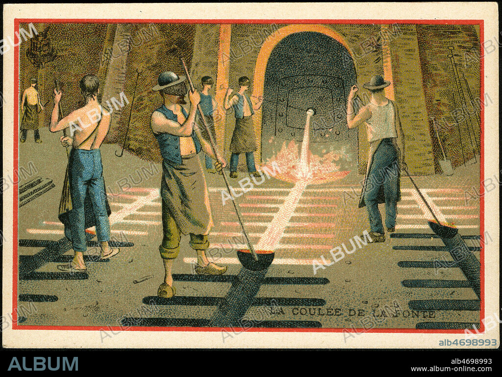 La coulee de la fonte. Illustration anonyme pour un chromo de la serie Les merveilles de la science et de l'industrie vers 1895. Credit : Collection IM/KHARBINE-TAPABOR.