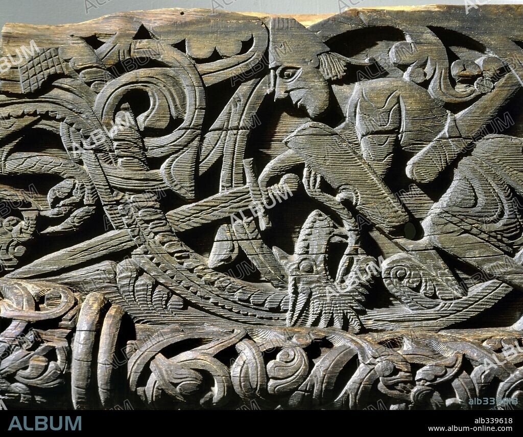 Nordic saga or legend of Siegfried or Sigurd slaying dragon with sword, XIIth century. Wood panel.