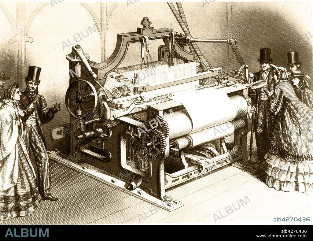 An engraving depicting W.G. Taylor's power loom for weaving calico. The machine was awarded the prize medal at the 1862 Exhibition. Dated 19th century.