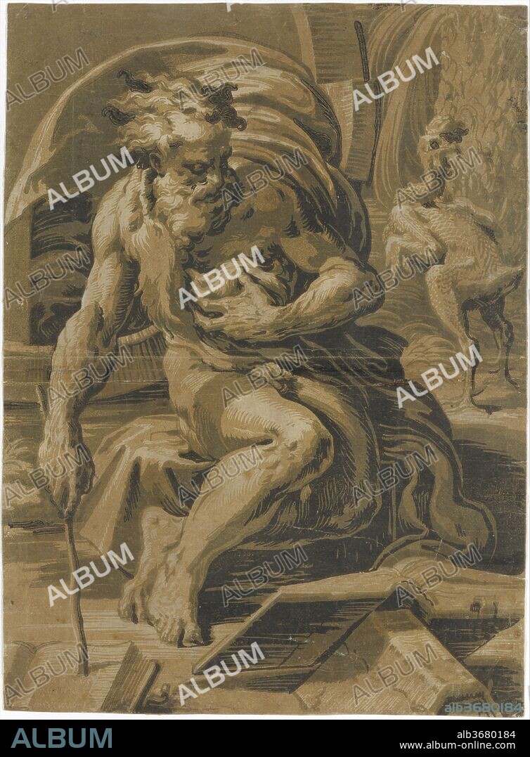 Diogenes, seated before his barrel, reading from a book, a plucked hen standing behind him at right. Artist: After Parmigianino (Girolamo Francesco Maria Mazzola) (Italian, Parma 1503-1540 Casalmaggiore); Ugo da Carpi (Italian, Carpi ca. 1480-1532 Bologna). Dimensions: Image: 18 11/16 x 13 5/8 in. (47.5 x 34.6 cm)
Mount: 28 x 22 in. (71.1 x 55.9 cm). Date: 1520-30.
Ugo da Carpi was the first Italian artist to experiment with a multiblock woodcut technique known as chiaroscuro. The method requires a different block for each shade; the blocks are inked and printed one over the other to create the composition. In this remarkable example of the medium, the artist creates form through areas of tone. Ugo seems to have drawn inspiration from the wash drawings of Parmigianino, with whom he may have collaborated. The print shows the Greek philosopher Diogenes immersed in his studies. The chicken at right is a reference to his mocking response to Plato's definition of man as a featherless biped: Diogenes is said to have presented a plucked chicken, saying, "Here is Plato's man!".