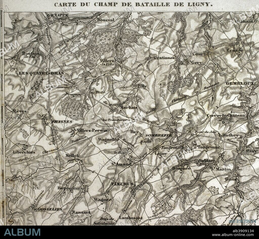 Mapa del campo de batalla de Ligny. Combate librado el 16 de junio de 1815 entre tropas francesas dirigidas por Napoleon I y el ejército prusiano, dirigido por Gebhard von Blucher. Contexto histórico de Los 100 días. Victoria francesa. Historia del Consulado y del Imperio de Napoleón (Atlas de l'Histoire du Consulat et de l'Empire). Obra de Marie Joseph Louis Adolphe Thiers (1797-1877). Dibujos realizados por Dufour y grabados por Dyonnet. Editado en París, 1864. Biblioteca Histórico Militar de Barcelona. Cataluña, España.