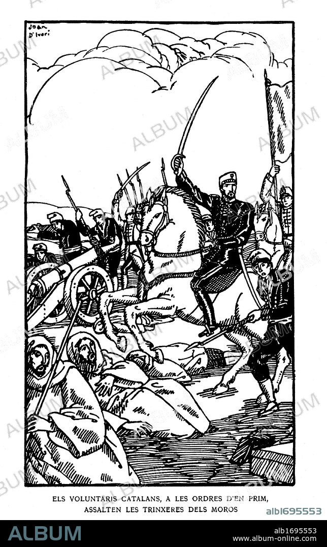 Las tropas catalanas bajo el mando del general Prim asaltan las trincheras de los moros durante la campaña de Marruecos (Guerra de África). Historia popular de Catalunya, de Alfons Roure. Editada en Barcelona, 1919. Dibujo de Joan Vila i Pujol (Joan d'Ivori) (Barcelona, 1890-1947).