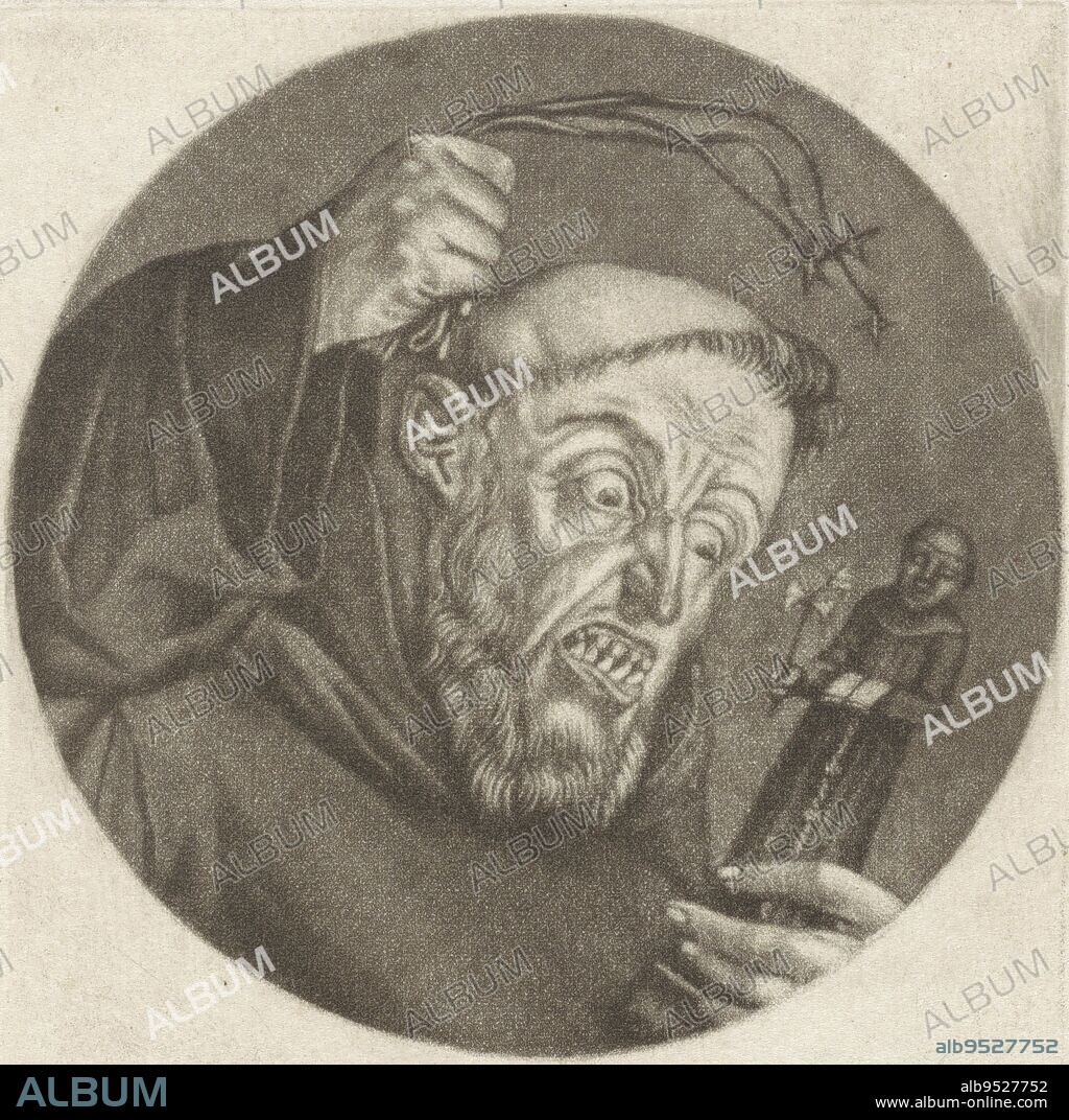 A Portuguese monk scourges a statue of Anthony of Padua. The print is part of a series with caricatures of the French clergy under Louis XIV, Monk with a Scourge Le Pere Portugais Caricatures on the French clergy under Louis XIV, (B) Renversement de la Morale Chr, print maker: Jacob Gole, Cornelis Dusart, 1670 - 1724 and/or 1693 - 1700, paper, engraving, h 115 mm × w 90 mm.
