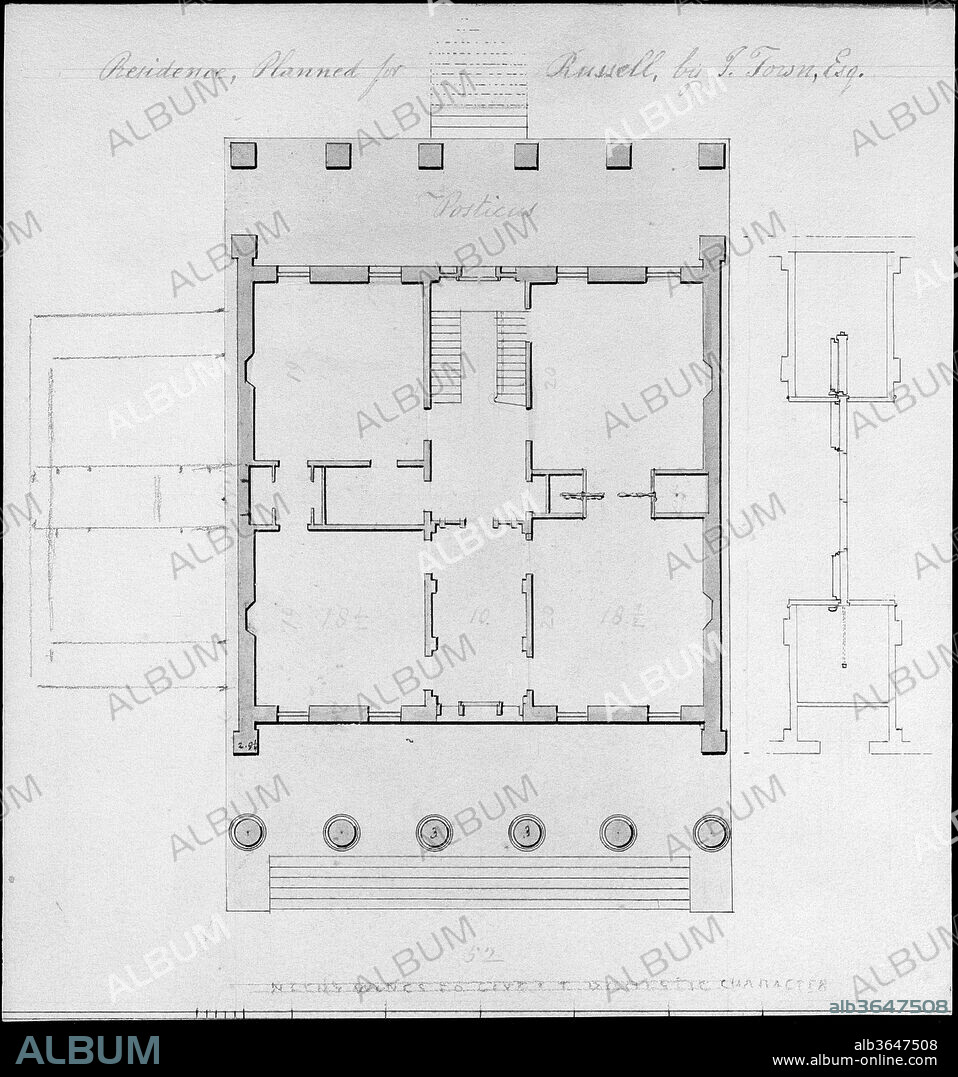 Residence, Planned for Russell, by I. Town, Esq. Artist: Alexander Jackson Davis (American, New York 1803-1892 West Orange, New Jersey); After Ithiel Town (American, Thompson, Connecticut  1784-1844 New Haven, Connecticut). Dimensions: Sheet: 7 1/16 × 6 5/8 in. (18 × 16.8 cm). Date: ca. 1828.