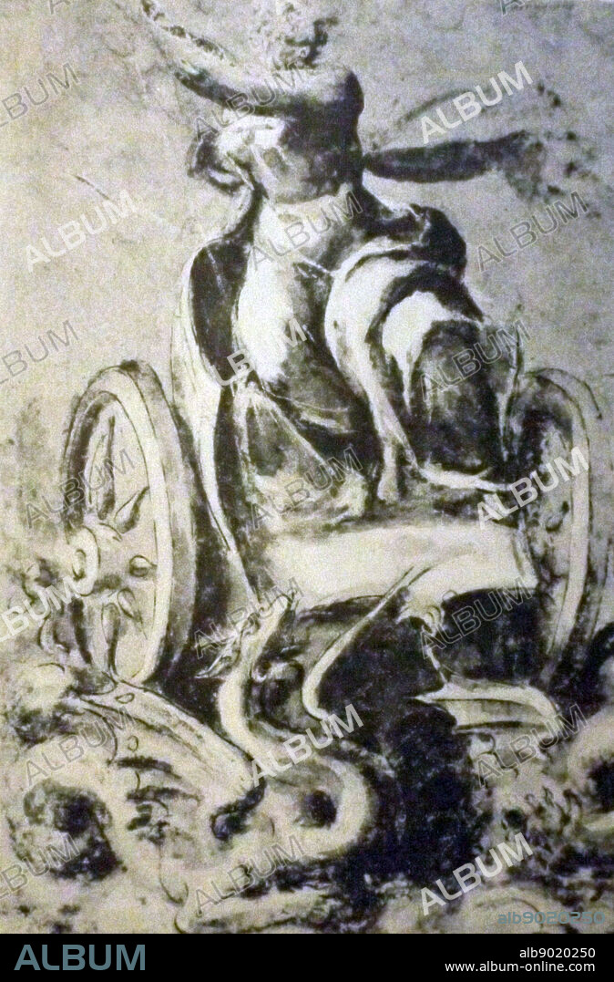 Sketch of a Goddess seated on a chariot pulled by Dragons by Andrea Schiavone (1522- 1563) Italian Renaissance painter and etcher. Dated 16th Century.