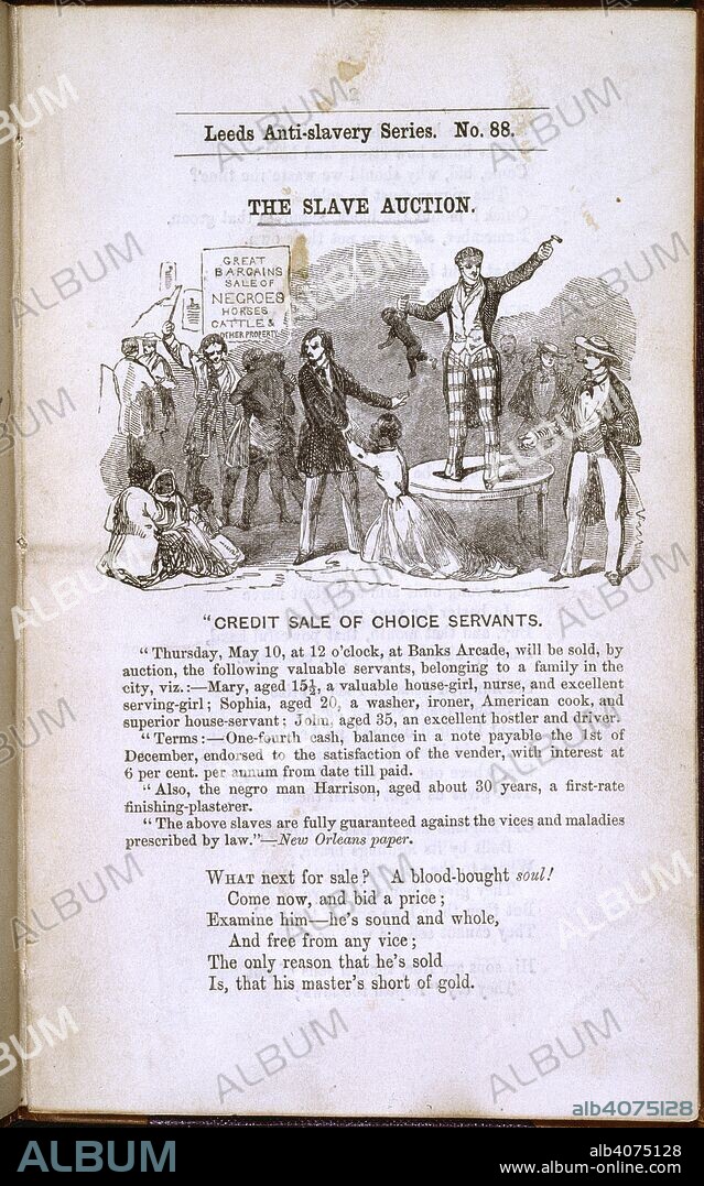 The Slave auction. The Slave Auction. [A poem.]. Leeds anti-slavery s. W. Tweedie: London; Jane Jowett: Leeds, 1853. Illustration showing a slave auction entitled 'credit sale of choice servants'.  Image taken from The Slave Auction. [A poem.]. Leeds anti-slavery series no.88.  Originally published/produced in W. Tweedie: London; Jane Jowett: Leeds, 1853. . Source: 11644.c.44, title page. Language: English.