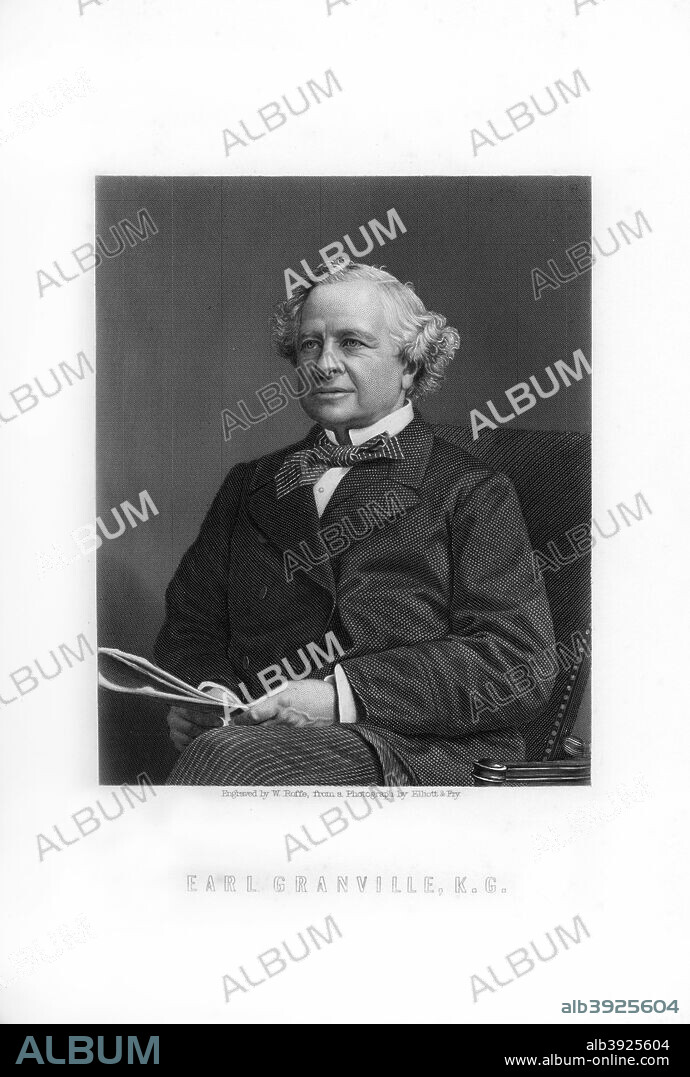 Granville George Leveson-Gower, 2nd Earl Granville, British Liberal statesman, (1893). Earl Granville (1815-1891) held various ministerial posts in Liberal governments of the mid to late 19th century. In 1848 as vice-president of the Board of Trade he was prominent in promoting the Great Exhibition of 1851. He is best remembered for his two spells as Foreign Secretary in Gladstone's administrations, holding the post in 1870-1874 and 1880-1885. An engraving from James Taylor's The Age We Live In: A History of the Nineteenth Century, From the Peace of 1815 to the Present Time, William Mackenzie, (London, 1893).