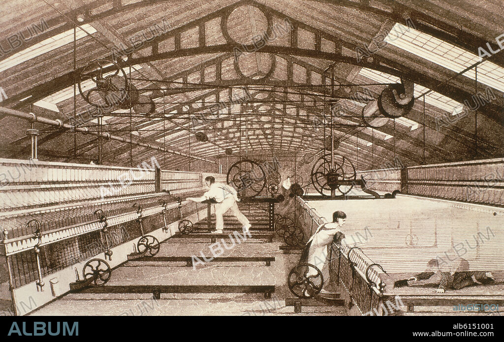GRABADO DEL INTERIOR DE UNA FABRICA - SIGLO XIX.