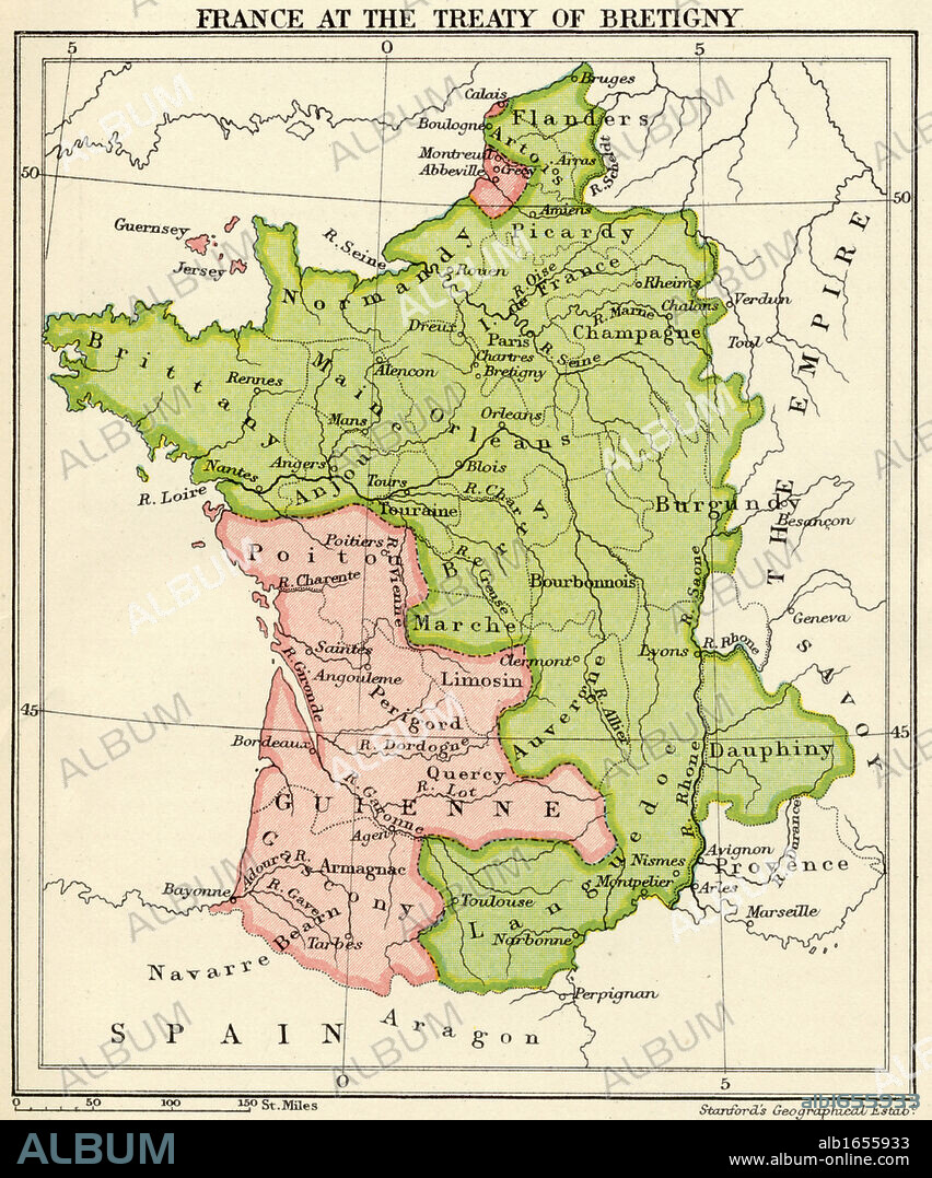 Map of France at the Treaty of Bretigny from A Short History of the English People by John Richard Green published by Macmillan and Co 1911.