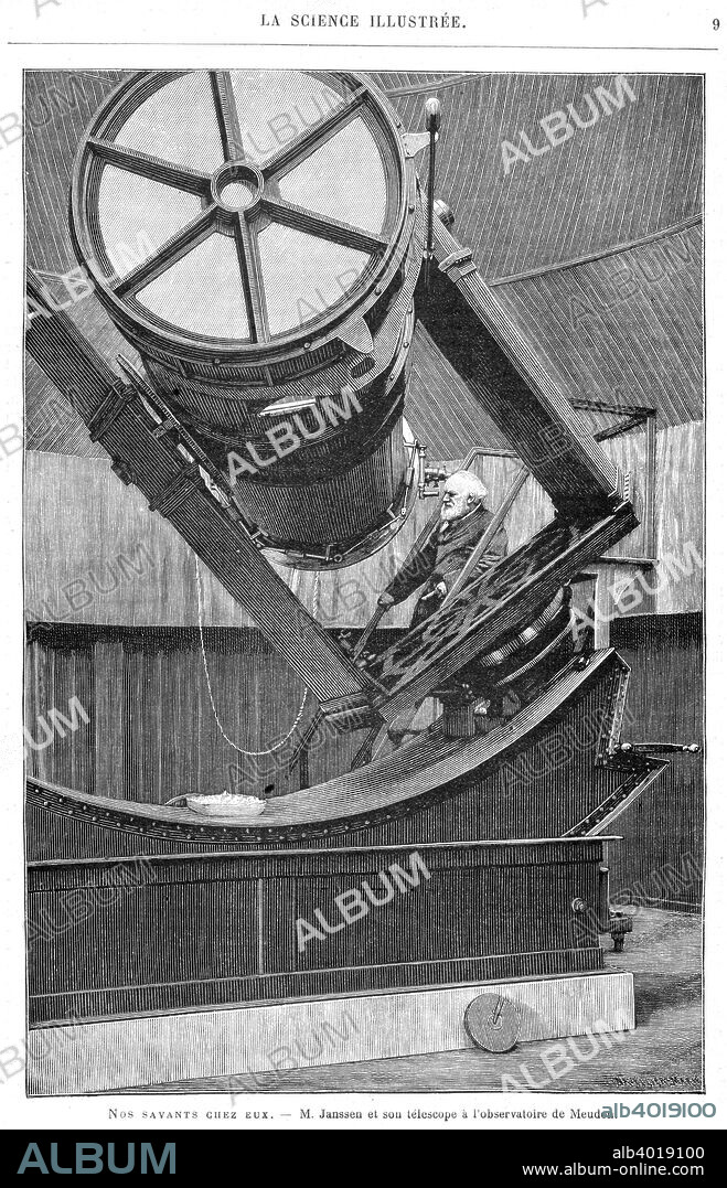 Jules Pierre Cesar Janssen,  French astronomer, 1893. Janssen (1824-1907) at the eyepiece of his reflecting telescope at Meudon Observatory, France. An accident at a young age left him unable to walk or attend school. He worked as a bank clerk and eventually entered the Sorbonne, graduating in 1852. Janssen designed a spectroscope for viewing solar prominences during total eclipses. From La Science Illustree. (Paris, 1893).