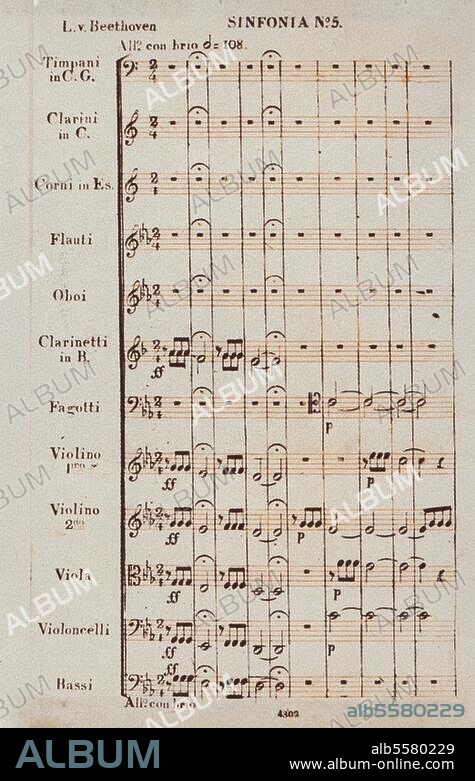 Beethoven, Ludwig van Komponist, 1770-1827. Werke: Symphonie Nr. 5 c-moll, op. 67. "Schicksals-Symphonie" (1804-08). Partiturseite der Erstausgabe Leipzig (Breitkopf und Härtel) 1809.