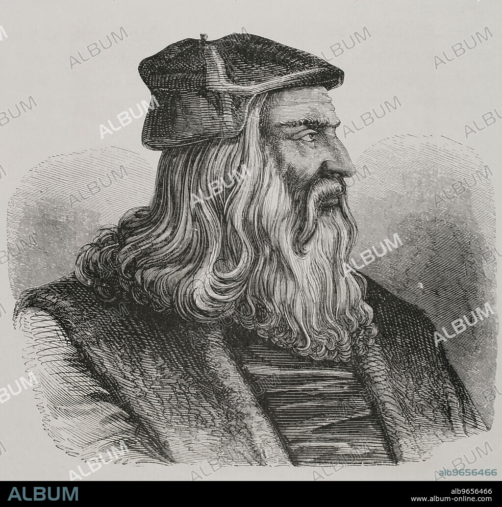 Leonardo da Vinci (1452-1519). Italian artist, architect and inventor. Portrait. Engraving from a 16th century original. "Les Arts au Moyen Age et a l'Epoque de la Renaissance". Paris, 1877.