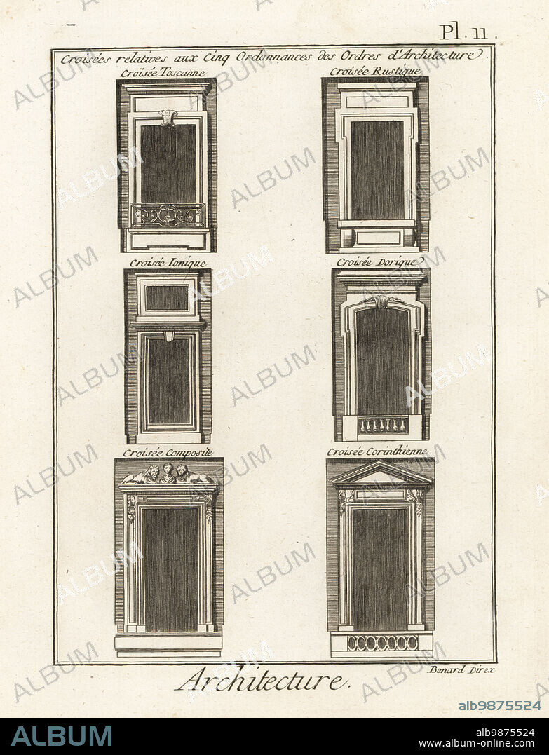 Orders of windows in Greek and Roman architecture: Tuscan, Rustic, Doric, Ionic, Corinthian and Composite. Copperplate engraving by Robert Benard from Denis Diderot and Jean le Rond dAlemberts Encyclopedie (Encyclopedia), Geneva, 1778.