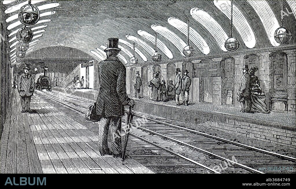 Illustration depicting a platform at Gower Street Station. Dated 19th century.