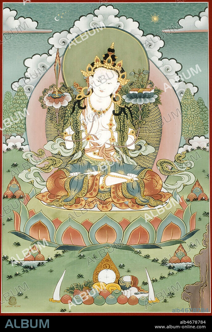deesse TARA blanche - Bouddhisme tibetain, consideree comme la Liberatrice, et la Mere de tous les Bouddha.Deite tantrique pour les pratiquants du bouddhisme Vajrayana - Thanka, peint de facon traditionnelle, destine aux pratiques de meditations et representant de multiples divinites du Pantheon Bouddhique Himalayan. Credit: Yeshe Karma / Kharbine-Tapabor.