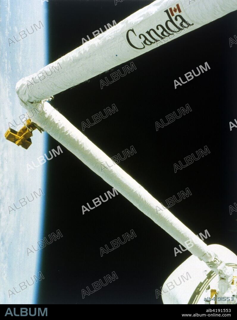 Manipulator arm deployed during the second Space Shuttle flight, November 1981. The 'Canadarm' or Shuttle Remote Manipulator System (SRMS) is flown in space for the first time. It comprised a series of robotic arms that were used on the Space Shuttle orbiters to deploy, manoeuvre and capture payloads.