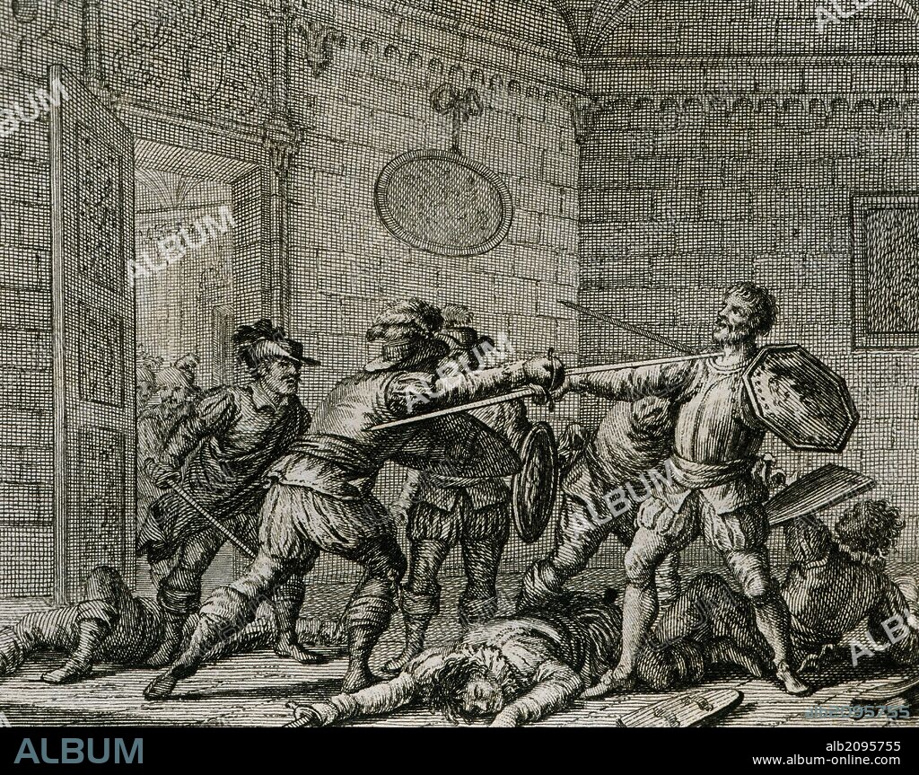Francisco Pizarro (1471/76-1541). Spanish conqueror. Conquered the Incan Empire. The son of Diego Almagro assassinating Pizarro in Lima, Peru, 1541. Engraving, 18th century.