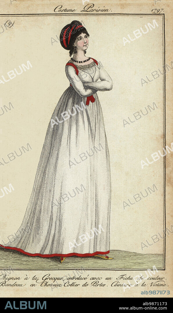 Woman in Greek-style bun and victim-style crossed belt, 1797. She wears a Greek-style bun interlaced with a colored kerchief, a hair headband and pearl necklace. The red belt is tied in a cross on the back, victim-style. Chignon a la grecque, entrelace avec un fichu du couleur. Bandeau en cheveux. Collier de perles. Ceinture a la Victime. Handcoloured copperplate engraving from Pierre de la Mesangeres Journal des Modes et Dames, Paris, 1797. The illustrations in volume 1 were by Carle Vernet, Claude Louis Desrais and Philibert Louis Debucourt.