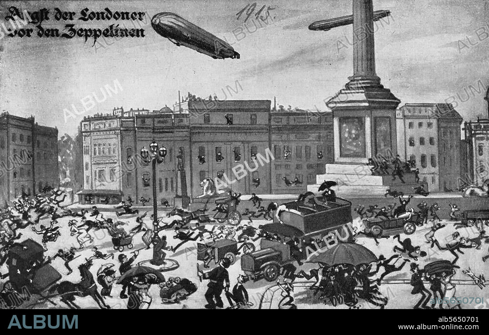 ANONIMO. Transport:. Aviation / Airships. "Londoners Fear the Zeppelins". German propaganda postcard, 1914. (On 19 August 1915 a real attack on London takes place by 5 German airships).