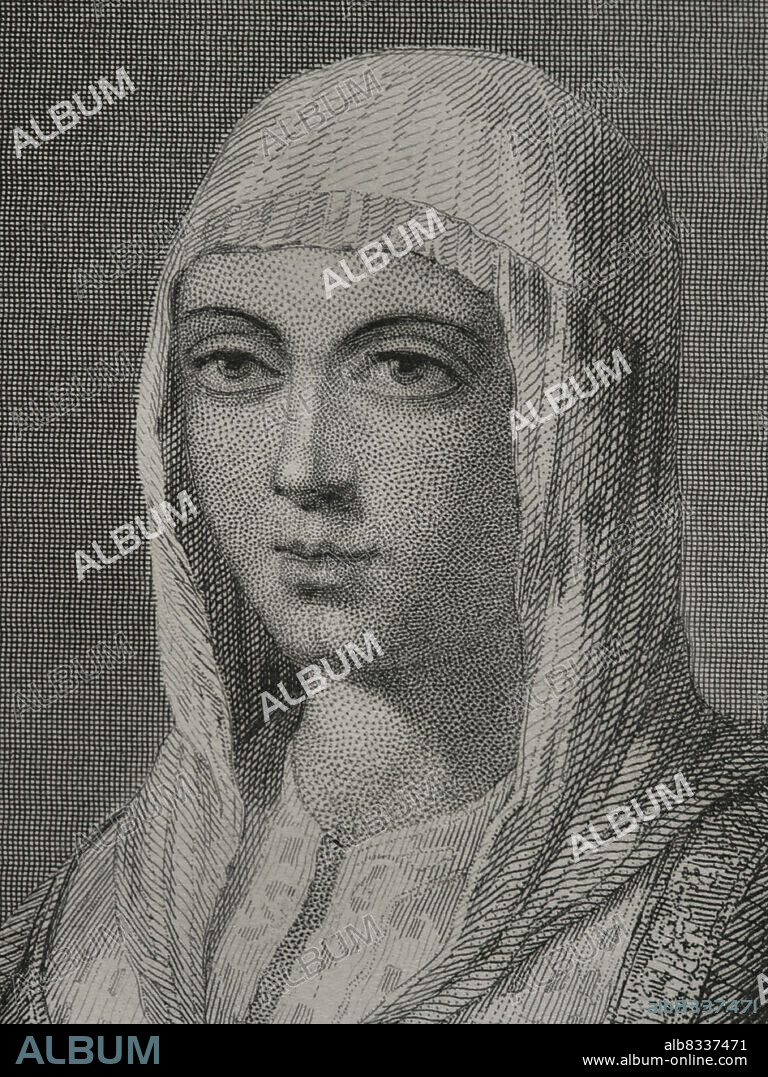 CHARLES GEOFFROY (1819-1882). FRENCH ENGRAVER.. Isabel I de Castilla (1451-1504). Reina de Castilla (1474-1504). Esposa de Fernando II de Aragón. Retrato. Grabado por Geoffroy. Detalle. Historia Universal, por César Cantú. Tomo IV, 1856.