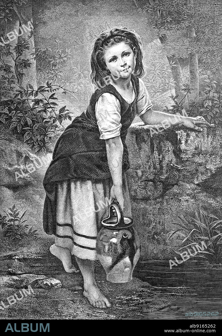 Kleines Mädchen holt mit dem Krug Wasser von der Quelle, little girl fetches water from the spring with the jug, Historisch, historical, digitally improved reproduction of an original from the 19th century, digitally restored reproduction of an original from the 19th century, exact original date not known.